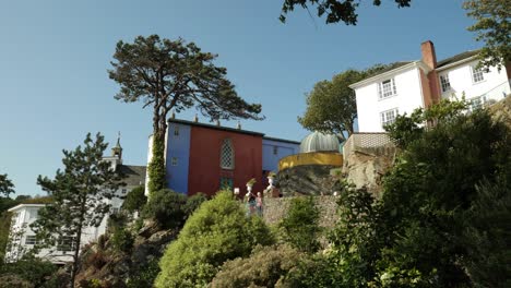 Low-Angle-View-Of-Portmeirion,-An-Italian-Style-Tourist-Village-On-The-Coast-Of-North-Wales