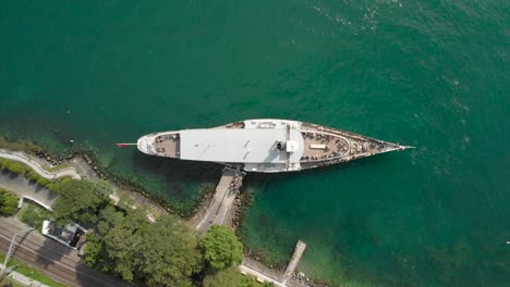 Overhead-Aerial-of-La-Suisse-Steam-Paddle-Boat-on-Lake-Geneva