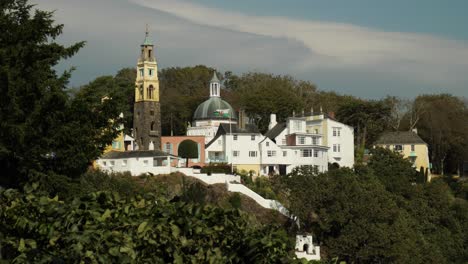 View-Of-Portmeirion,-An-Italian-Style-Tourist-Village-On-The-Coast-Of-North-Wales