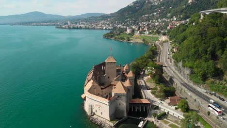 Aerial-Shot-of-Drone-Flying-Forwards-over-Chillon-Castle