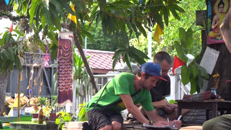 Backpackers-relaxing-in-a-temple-of-Vietnam-and-reading-maps