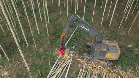 Static-Aerial-View-of-John-Deere-Tree-Harvester-Cutting-and-Stacking-Tree-Trunks