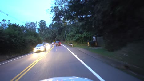 Twilight-Drive-on-Countryside-Road-of-Colombia,-Passengers-POV