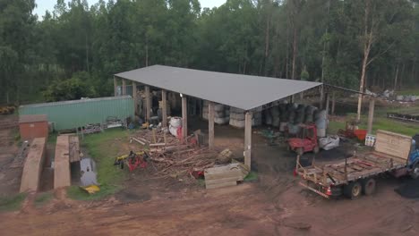 Countryside-Farm-in-Paraguay,-Covered-Storage-Place-and-Truck-Aerial-View