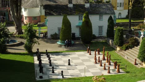 Giant-Chessboard-In-Portmeirion,-An-Italian-Style-Tourist-Village-On-The-Coast-Of-North-Wales