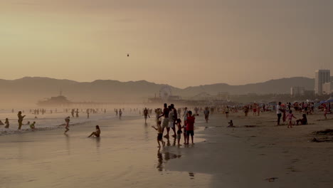 Sunset-on-Santa-Monica-Beach,-California-USA