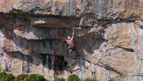 Beginner-Rock-Climber-Getting-Tired-and-Falling-from-Small-Overhang