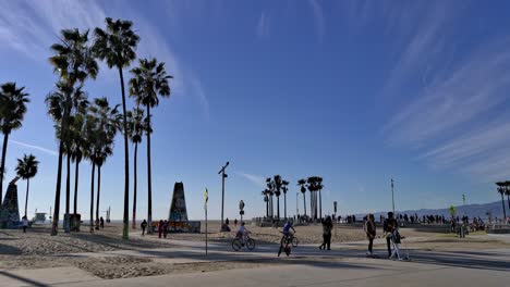 Static-shot-of-people-on-the-bike-path-and-skate-park-on-a-sunny-afternoon-at-Venice-Beach-Boardwalk-in-Los-Angeles,-Calfionia,-USB