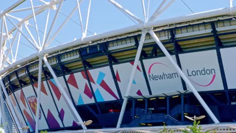 Close-up-shot-of-Newham-London-stadium-formerly-known-as-Olympic-stadium,-new-home-for-West-Ham-United-Football-Club-and-now-temporary-open-as-a-vaccination-centre-2021