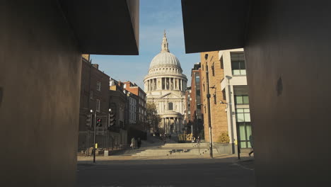 London-landmark-of-St-Pauls-Cathedral-in-Covid-19-Coronavirus-lockdown,-with-quiet-empty-roads-at-the-popular-tourist-attraction-during-the-pandemic-in-England,-Europe