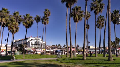 People-walking-around-in-the-park-at-the-Venice-Beach-Boardwalk-with-shops-and-stalls-and-people-shopping-in-the-background-in-Los-Angeles,-Califonia,-USA---Handheld-static-shot