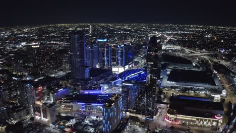 Downtown-LA-at-Night,-Aerial-View-of-Crypto