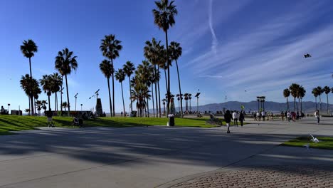 People-walking-by-on-crowded-Venice-Beach-Boardwalk-and-biking-while-birds-fly-around-during-Covid-19-with-skatepark-and-art-sculptures-in-the-background-in-Los-Angeles,-Califonia,-USA