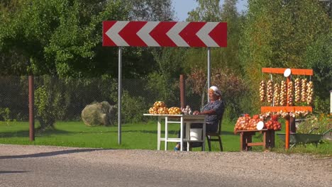 Elderly-Women-Selling-Homegrown-Onions-By-Roadside-Next-To-Red-White-Arrow-Traffic-Sign