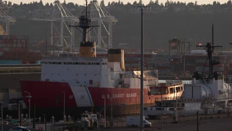 US-Coast-Guard-Ship-in-Seattle-WA-Base,-Harbor-Island-With-Shipping-Containers-in-Background