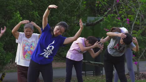 Singapurische-Frauen-Unterschiedlichen-Alters-Beim-Tai-Chi-Stretching-Im-öffentlichen-Park,-Singapur-–-Mittlere-Aufnahme