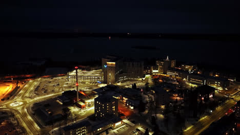 Aerial-view-around-the-Central-hospital-of-Vaasa,-winter-night-in-Finland