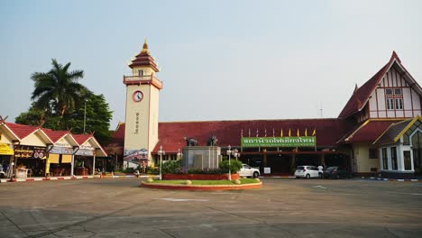 Chiang-Mai-Train-Station,-Northern-Thailand,-for-Transport-Around-Thailand,-a-Thai-Building-with-a-Clock-Tower,-Southeast-Asia