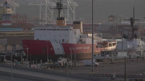Seattle,-Washington,-US-Coast-Guard-Ship-Docked-in-Port-at-Sunset