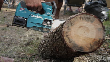 Cut-log-with-electric-saw,-slow-motion