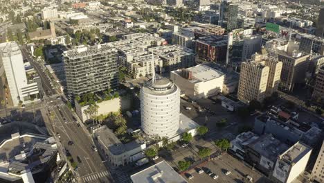 Drone-Shot-of-Iconic-Capitol-Records-Building-and-Neighborhood,-Hollywood,-Los-Angeles-California-USA