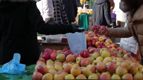 Frau-Pflückt-Äpfel-In-Plastiktüten-Auf-Dem-Outdoor-Markt