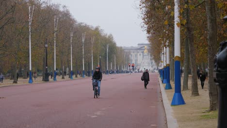 Empty-Buckingham-street-with-one-man-cycling