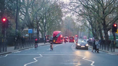 Morning-london-street-through-car-window,-slow-motion