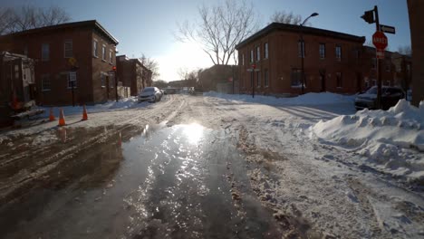 POV-Hyperlapse-Driving-Along-Icy-Roads-In-Island-Of-Montreal-On-Sunny-Day-With-Clear-Blue-Skies-Arriving-At-Destination