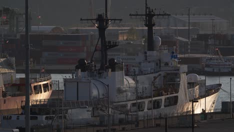 Seattle-WA-USA,-US-Coast-Guard-Ship-in-Port-Base-at-Sunset,-Close-Up