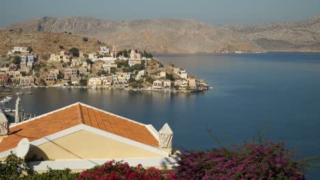Aerial-view-over-the-roof-of-a-building-on-the-coast-of-Symi-Island