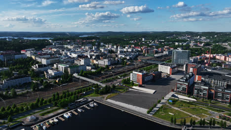 Aerial-view-around-the-train-station-of-Jyvaskyla,-sunny,-summer-day-in-Finland