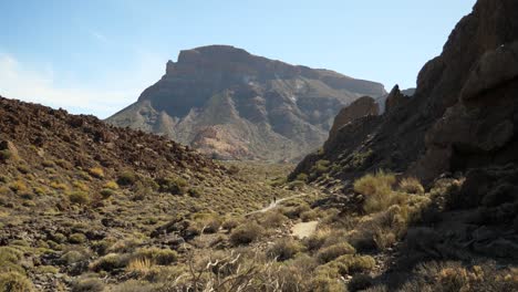 Pathway-in-the-valley-and-Mount-Guajara-in-background,-Teide-National-Park