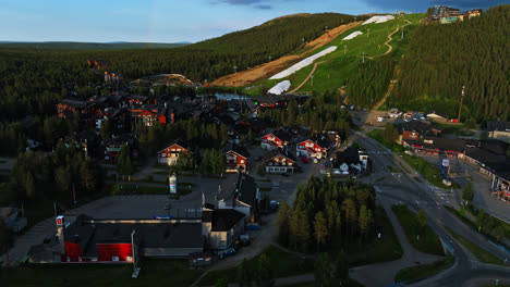 Aerial-view-of-the-Levi-village,-sunny,-summer-evening-in-Lapland,-Finland
