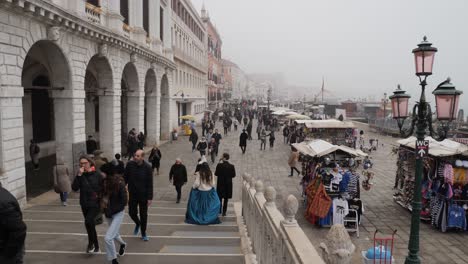 People-and-vendors-in-promenade-in-Venice-near-St-Mark's-Square-after-the-cancelled-Carnival,-Lady-dressed-in-costume