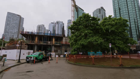 Construction-Site-During-Rainy-Day-In-Downtown-Neighborhood-In-Vancouver,-Canada