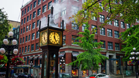 Gastown-Steam-Clock-in-Historic-Downtown-Vancouver-City,-Canada