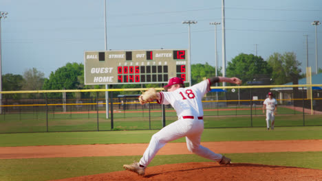 Pitcher-Wirft-Einen-Baseball-Während-Eines-Wettkampfspiels-Mit-Anzeigetafel-Im-Hintergrund