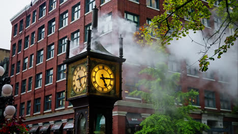 Gastown-Steam-Clock-With-Steam-Rising-in-Downtown-Vancouver-City,-Canada