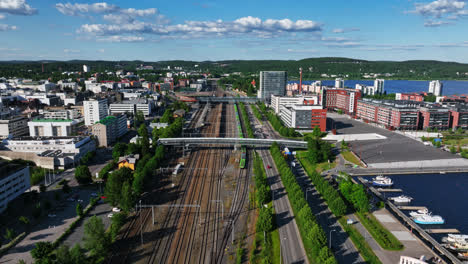 Aerial-view-toward-the-railroad-station,-sunny,-summer-day-in-Jyvaskyla,-Finland