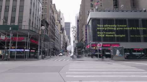 static-shot-of-lifeless-NYC-midtown-intersection-during-Coronavirus-with-steam-pipes