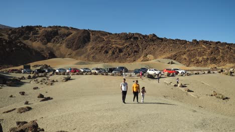 Car-park-and-tourists-in-Teide-National-Park,-Tenerife