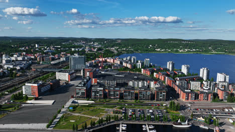Aerial-view-around-apartments-in-Lutakko-area,-summer-day-in-Jyvaskyla,-Finland