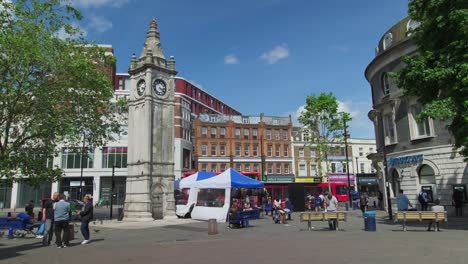 Lewisham-High-Street-and-Clock-Tower-on-Sunny-Day-in-South-East-London,-UK