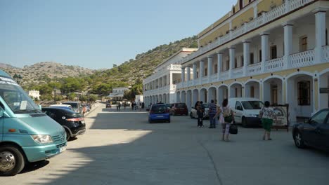 Streetview-of-the-small-village,-Panormitis-in-Symi-Island