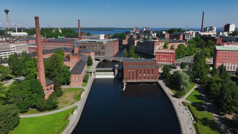 Luftaufnahme-Der-Tammerkoski-Wasserfälle,-Sommer-In-Tampere,-Finnland---Neigung,-Drohnenaufnahme