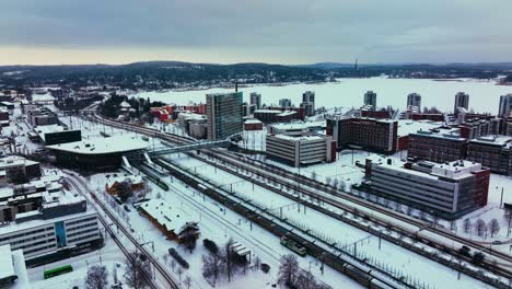 Aerial-view-around-the-railway-station-in-Jyvaskyla,-winter-evening-in-Finland---orbit,-drone-shot