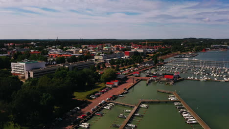 Aerial-view-of-the-coast-of-Mariehamn-city,-sunny,-summer-day-in-Aland,-Finland