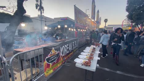 Korean-BBQ-stand-at-the-Santa-Monica-night-market,-in-Los-Angeles---static-view
