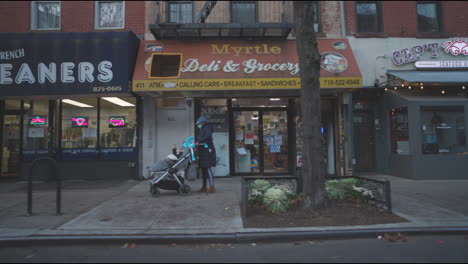 Tiendas-Y-Comercios-En-Una-Calle-Mercantil-En-Brooklyn-Conduciendo-Por